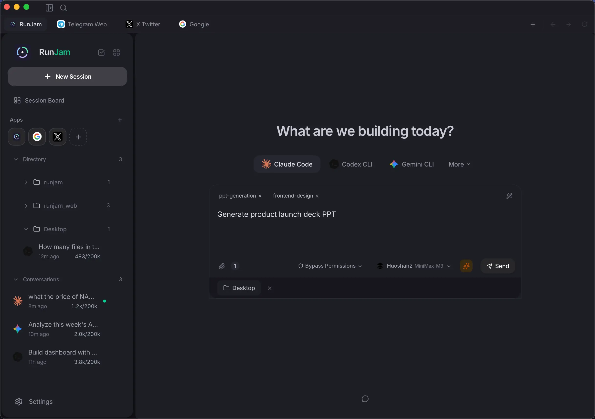 RunJam · AI 编程代理桌面的产品实际界面